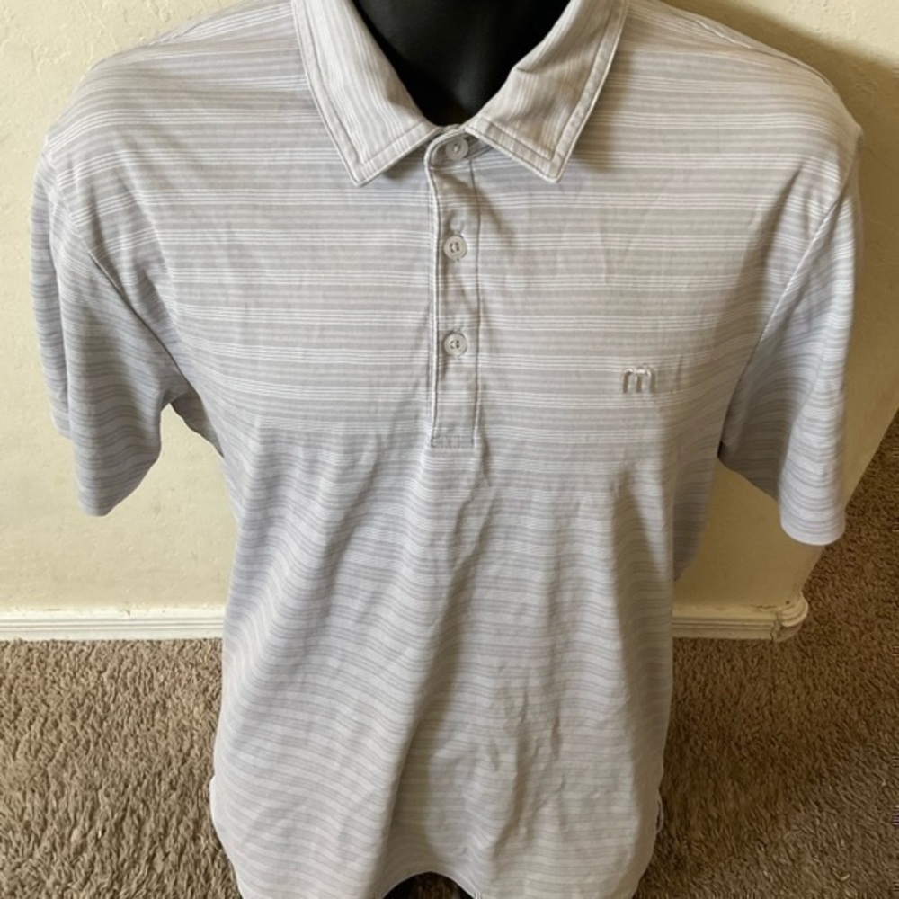 Men’s used size L large grey silver striped Travis Mathew polo logo shirt Pre